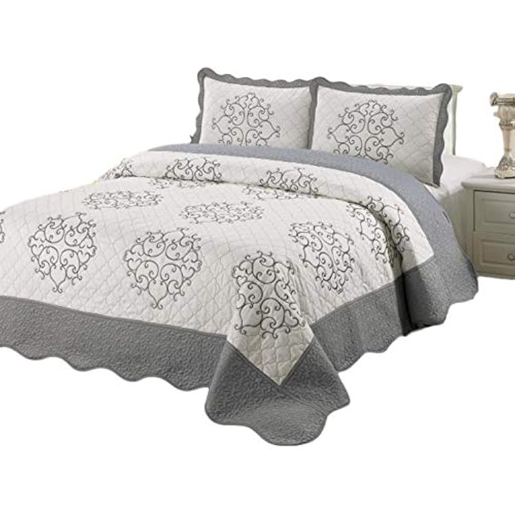 Quilt King Size 3 pc Bedding Bed set  Bedspread  embroidered  2 Pillow Sham Silver