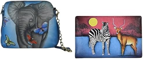 Anna by Anuschka Genuine Leather Hand-Painted Bundle - Multi-Compartment Bag Elephant Love Denim and Two-Fold Wallet African Dusk