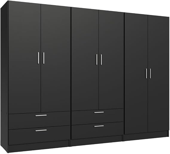 Madesa 6 Doors 4 Drawers Wardrobe Set Armoire Closet Bedroom Storage Cabinet with Shelves and Hanging Space 94" L Wooden Clothing Organizer Unit (Black)