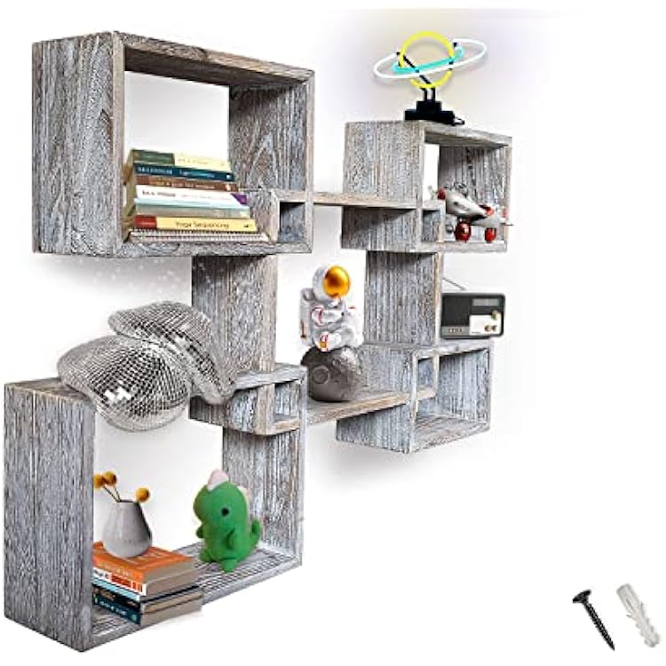 Comfify Rustic Wall Mounted Square Shaped Floating Shelves Set of 5 Square Shelves for Bathroom, Bedroom, Living Room & More Wall Decor Display for Home - Distressed White