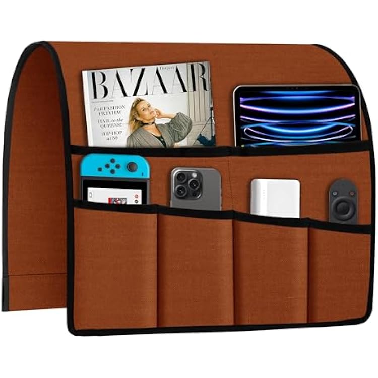 Joywell Linen Armchair Caddy Remote Control Holder for TV Recliner 6 Pocket Storage Organizer Sofa Armrest Caddie Magazine Phone iPad Storage Recliner Remote Holder for Snakes, Terracotta