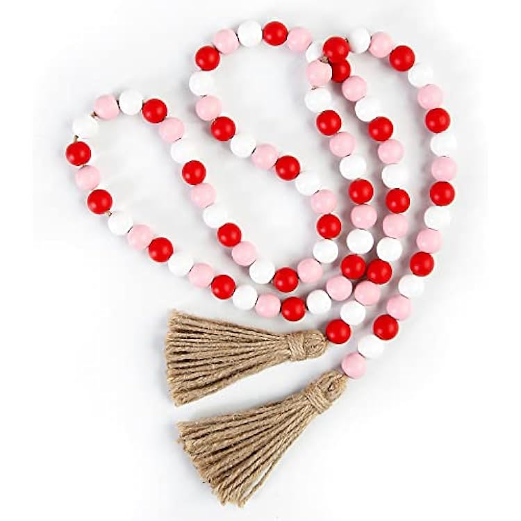 Valentines Day Wood Bead Garland with Tassel,Rustic Wooden Bead Decor Farmhouse Beads Big Wall Hanging Decor PinkRedWhite