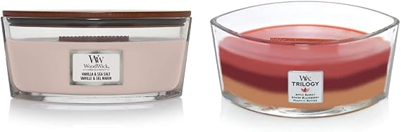 Woodwick Ellipse Scented Candle, Vanilla & Sea Salt, 16oz | Up to 50 Hours Burn Time & Ellipse Scented Candle, Autumn Harvest Trilogy, 16oz | Up to 50 Hours Burn Time