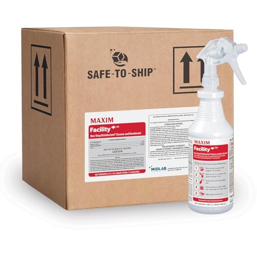Midlab Maxim Facility One Step Disinfectant Cleaner and Deodorant, 1 Quart 32oz, Pack of 6, Includes 1 Trigger Sprayer, Contains Hydrogen Peroxide, Use for Fentanyl Decontamination at Full Strength