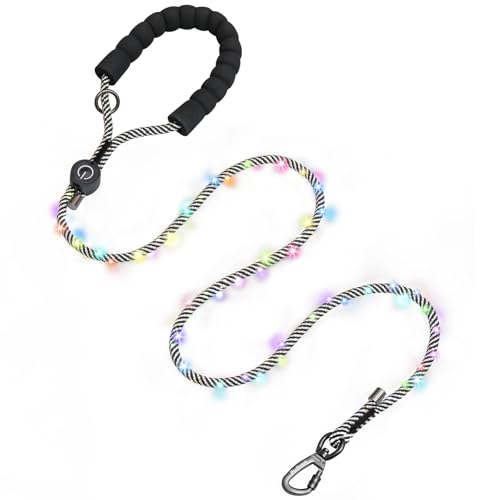 PetBonus 5 FT LED Dog Leash, Rechargeable Light Up Rope Dog Lead, 3 Lighting Modes, Thick Soft Padded Handle, Safer Night Walking for Small Medium Dogs Black