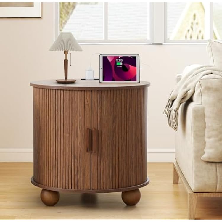 AVZEAR 24 Large Round End Table with Charging Station, Farmhouse Fluted Sofa Side Table with Sliding Tambour Door & Storage, Mid-Century Wood Nightstand for Living Room, Bedroom, Walnut