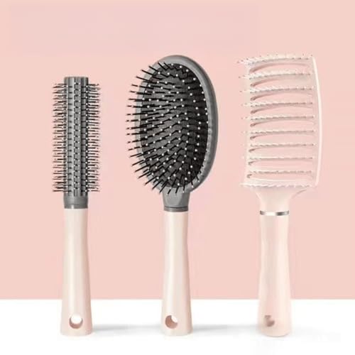 Hair Brush Set | Paddle Vent Brush, Detangling with Nylon Pins Air Cushion Comb, Round for Blow Dring | Scalp Massager, Hair Dryer Brush for Women Men 3pcs pink