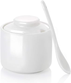 ONTUBE Ceramic Sugar Bowl with Lid and Spoon 8oz, Salt Bowl White