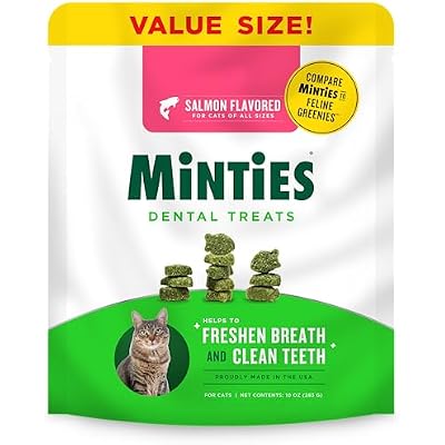 Minties Dental Treats for Cats, Salmon Flavored Cat Dental Treats, Freshens Breath and Controls Tartar, 10oz