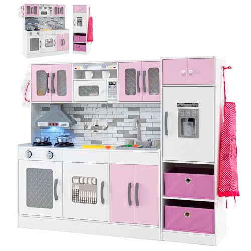 Costzon 2-Piece Kids Kitchen Playset, Wooden Play Kitchen with Water Circulation, Lights and Sounds, Range Hood, Ice Maker, Interactive Toy Kitchen & Play Refrigerator for Kids Toddlers Ages 3 Pink