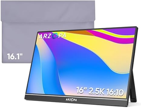 ARZOPA 16" 2.5K Portable Monitor, 2560x1600 QHD 123% sRGB IPS Display and 16.1 Portable Monitor Sleeve Case Bundle