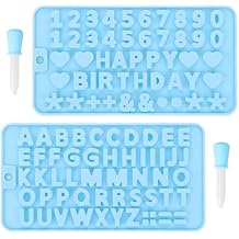 2 pcs Blue Number Chocolate Molds and Letter Silicone Molds, with 2 Droppers, Happy Birthday Cake Decorations Baking Mould,for Chocolate, Candy, ice cubes,cake cookies