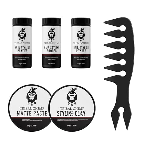 Tribal Chimp Full Hair Styling Kit- 3 Pack x 0.35 oz Hair Styling Powder, 2.8 oz Hair Clay, 2.8 oz Matte Hair Paste and Styling Comb, Hair Styling Bundlefor Men and Women 6 Pc. Set