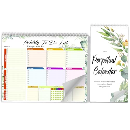 Tear-Off Weekly Planner Notepad - 8.5x11 inches 52 Pages - for Daily To-Do Lists, Habit Tracking, Academic Scheduling, and Productivity Goals - Matching Perpetual Calendar