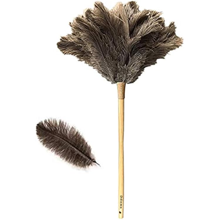 Feather Dusters for Cleaning, Feather Duster Ddzmz Fluffy Natural Genuine Ostrich Feathers and Reusable Wooden Long Handle Large Ostrich Feather Duster Cleaning for Housewife Brown Length 24 1Pack