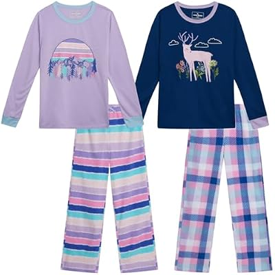 Eddie Bauer Girls Pajama Set - 4 Piece Matching Fleece Graphic Pajama Tops and Pajama Pants for Girls Sizes: 5-14
