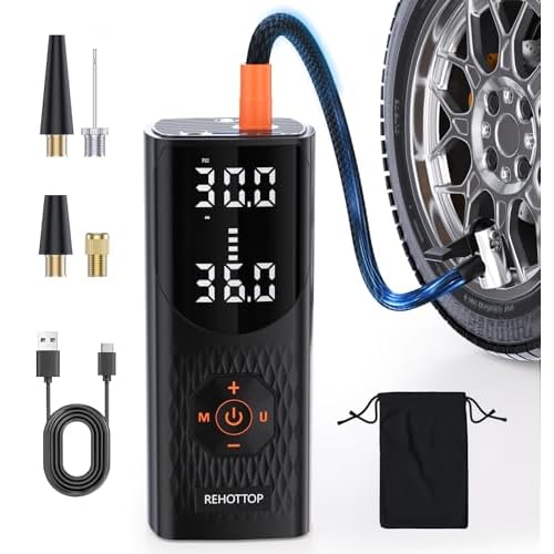 REHOTTOP Tire Inflator Portable Air Compressor, 160 PSI Cordless Air Pump for Car Tires with Digital Pressure Gauge, LED Light & Auto Shut-Off, 5X Fast Inflation for Car, Motorcycle, Bicycle, Ball