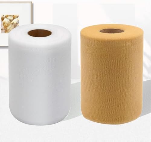 Tulle Fabric Rolls, 2 Pcs, 6 Inch by 100 Yards 300 feet Fabric Spool Tulle Ribbon White, Aztec Gold