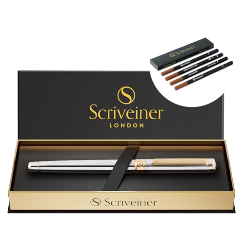 Scriveiner Silver Chrome Rollerball Pen - Stunning Luxury Pen, Real Gold Plating Bundle with Rollerball Refill Blue Fine - 4 Refills in one Box