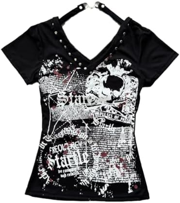 Womens Y2K Skull Gothic Graphic T-Shirt Vintage Slim Fit Grunge Print Tops Crew Neck Streeetwear Crop Top