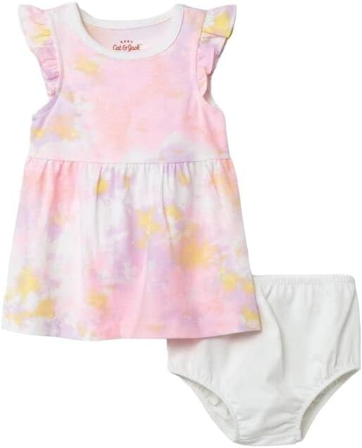 Cat & Jack - Baby Girls' Two-Piece Clothing Set - Tie-Dye Ruffle-Sleeve Dress and Matching Diaper Cover - 3-6M