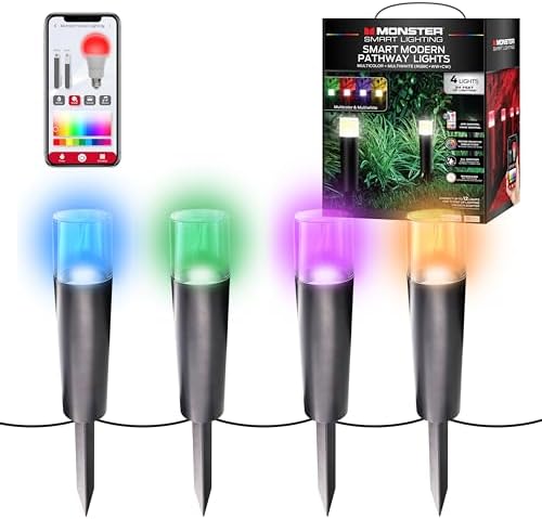 Monster Smart RGBICWW Pathway LED Lights, 4 Individually Controlled Dimmable LEDs, Sound Reactive, IP44 Water & Weather Resistant, Compatible with Alexa, Siri, Google Home, Monster App, Razer Chroma
