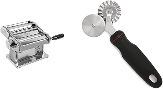 MARCATO Atlas 150 Pasta Machine, Made in Italy, Includes Cutter, Hand Crank, and Instructions, 150 mm, Stainless Steel & Norpro Grip-EZ Pastry/Ravioli Wheel, Black