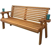 Amish Casual Heavy Duty Pressure Treated 4 Foot Outdoor Garden Bench with Cup Holders - Amish Crafted Roll Back Design in Cedar Stain, 700 Lb Weight Capacity