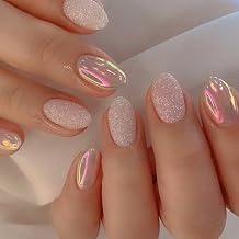 Almond Press on Nails Short Round Fake Nails Chrome Glossy False Nails with Glitte Powder Press ons Designs Acrylic Nails Press on Artificial Nails Stick on Nails For Women Girls 24Pcs