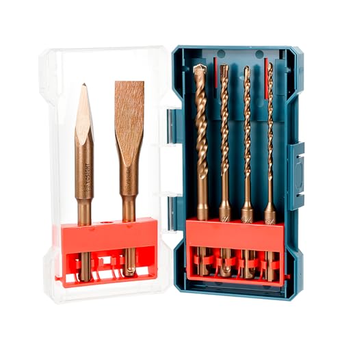 6Pcs SDS-Plus Rotary Hammer Drill Bits and Chisel Set, 38 14 316 532 inch Drill Bits, a Flat and a Point Chisel for Concrete Stone Brick