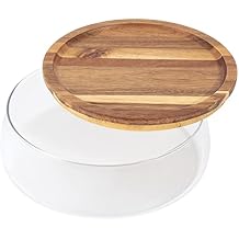 Glass Bowl, Candy and Nuts Serving Container with Wooden Lid, Round Food Storage Platter Round Multifunctional Snack Serving Tray (Clean)