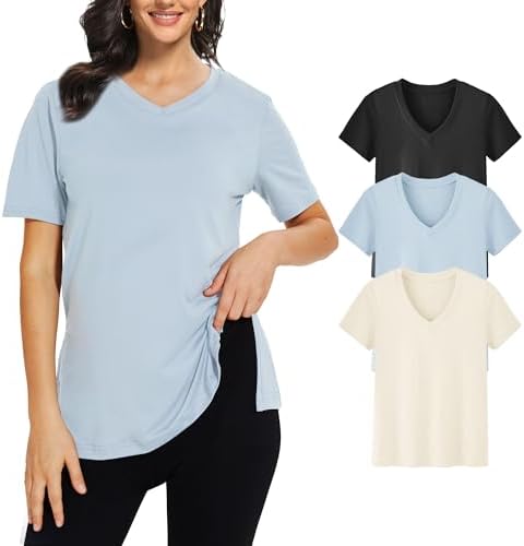 Showitty 3 Pack T Shirts for Women, Short Sleeve V Neck Basic Tees Loose Fit Cute White Black Tops for Casual Outfits