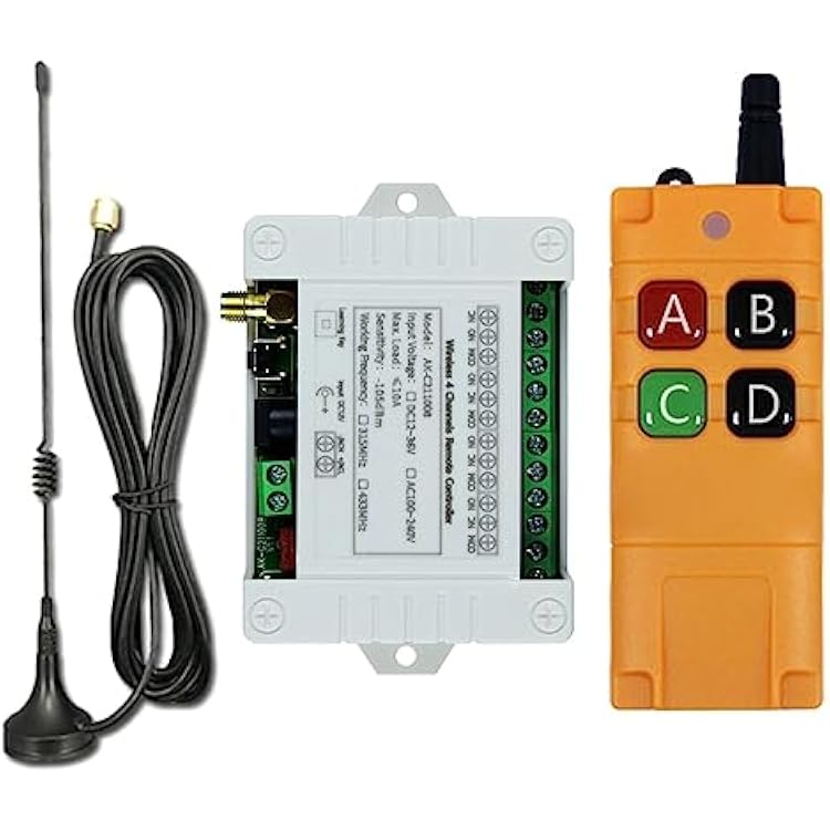 Remote Control Switch DC 12V 24V 36V 10A 4CH 433Mhz 600ft Long Range Wireless Relay Switch for Garage Door, Industrial Control, Household Control etc
