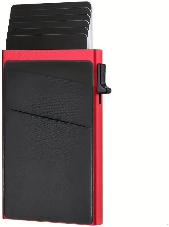 Valkyrie Premium Slim Metal Otomatik Kartlık – RFID Korumalı, Mekanizmalı, 10+ Kart Kapasiteli Kırmızı