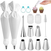 14-Piece Reusable Piping Bags and Tips Set- Cotton Baking Kit with Coupler, Stainless Steel Nozzles,Silicone Cable Ties& Cleaner for Cakes/Cupcakes/Cookies Decorating