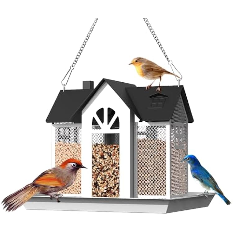 Hanging Bird Feeder Metal Wild Feeders for Outdoors with Triple Feeders Large Capacity for Finch Cardinal Chickadee Weatherproof and Durable White