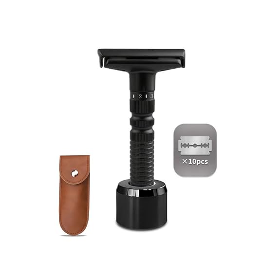 Adjustable double-edged safety razor with 10 platinum-plated stainless steel razor blades + optional stand + complimentary holster, reusable razor, smooth close shave (Black + base + holster)