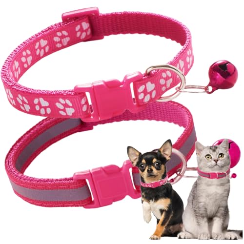 Hot Pink Puppy Collar with Bell, 2-Pack Paw Print & Reflective Strip Girls Cat Collars with Bells for XXS XS Small Little Dogs Tiny Kitten Female Pet, X-Small