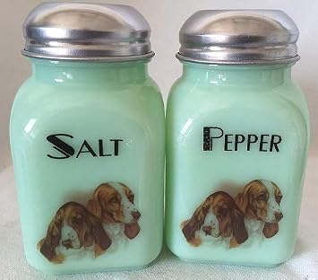 Salt & Pepper Shaker Set - Square Stove Top Jar - Rosso Glass Exclusive - Cats & Dogs - American Made - Mosser Glass USA Jade w/Hound Dogs