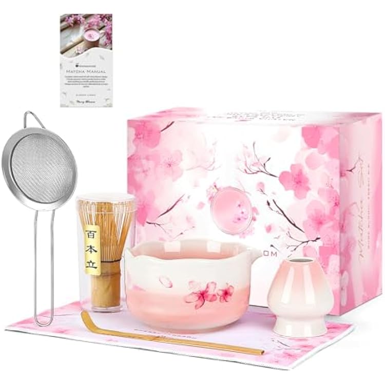 7PCS Matcha Whisk Set, Sakura Cherry Bloosm Matcha Kit Gift for Women Birthdays Mom Girls Kids and Matcha Tea Lover, with Bamboo Whisk, Holder, Bowl, Scoop, Sifter, Towel, and Elegant box
