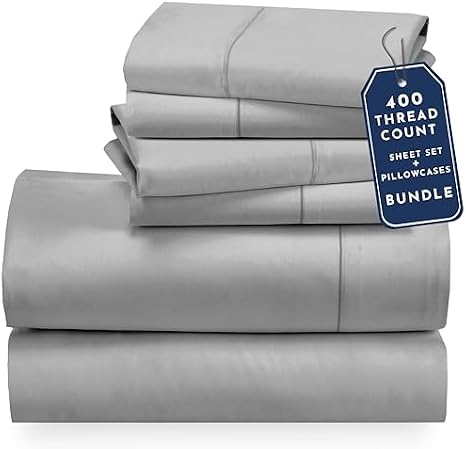 California Design Den 6 Piece Full Size Sheet Set with 4 Pillowcases, 400 Thread Count 100% Cotton Sateen (Light Grey)