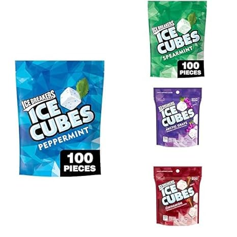 ICE BREAKERS Ice Cubes Sugar Free Gum Variety bundle; Peppermint, Arctic Grape, Cinnamon and Spearmint Gum, 100 Piece each