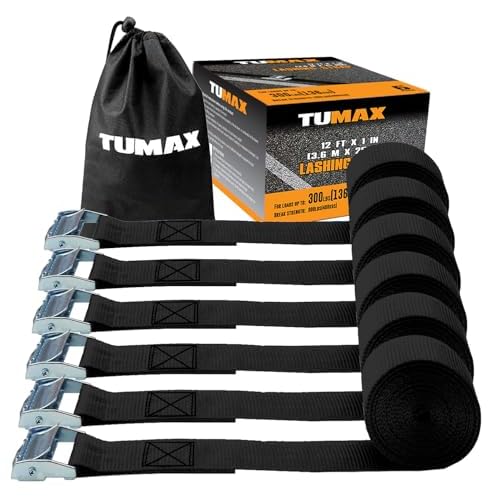 6-Pack 1 x 12FT Cam Buckle Tie Down Straps, 900lbs Capacity Lashing Straps for Securing Cargo, Kayak, Canoe, Motorcycle, Bike, Truck and Luggage Black