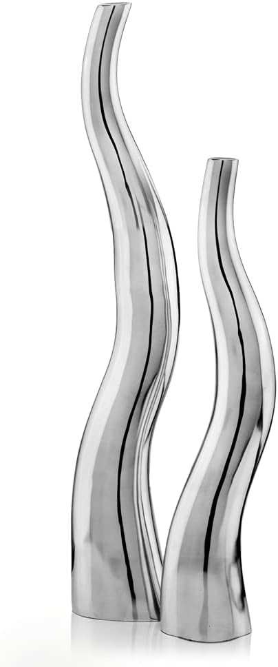 Modern Day Accents Curva Tall Set of 2, Silver, Aluminum, Contemporary, Modern, Wiggly, Popular, Glam, Floor Standing, Lg 6 32, Sm Vase: 5 x 3.5 x 24
