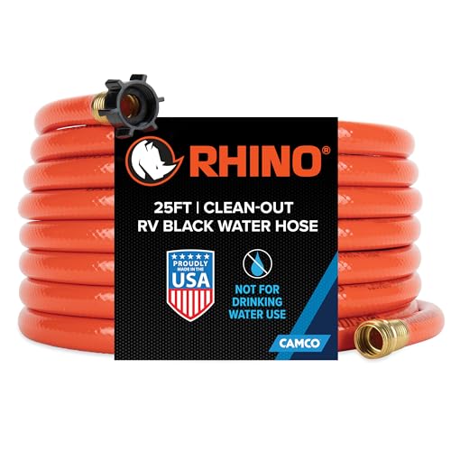 Camco Rhino 25-Ft Clean-Out CamperRV Black Water Hose - Features a Heavy-Duty PVC Design & Bright Orange Color - Clean-Out Camper Black Water, Grey Water or Tote Tanks - 58 Inside Diameter 22990