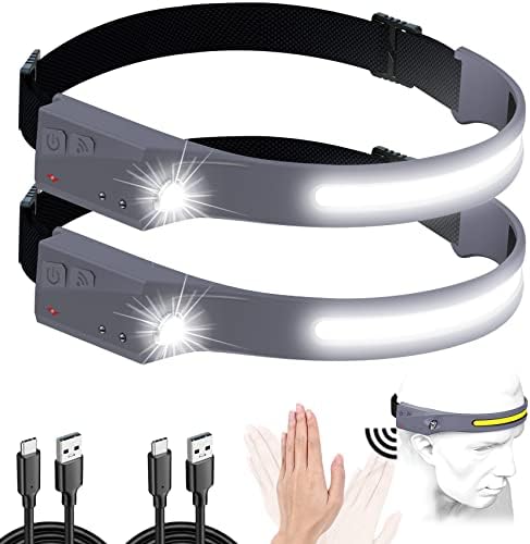 Rechargeable LED Headlamp 2Pack, 230 Wide Beam for Adults, 6 Modes With Motion Sensor and Clips - Camping Gear, Flashlight for Cycling, Running, Fishing Grey