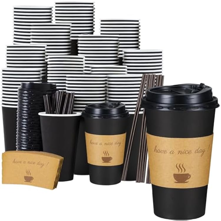 Lamosi 16 oz Coffee Cups 50 Pack, Disposable Coffee To Go Cups with Lids, Stir Sticks and Sleeves, 16 oz Black Hot Paper Cup for Home, Travel, Office