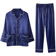 HEYDHSDC Men Blue Silk Pajama Sets Sleep Striped Satin Sleepwear Suit Full Sleeve Pyjama