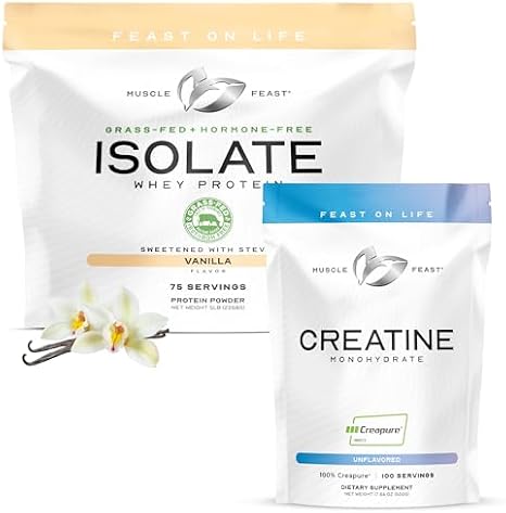 Muscle Feast Bundle Creapure Creatine Monohydrate Powder Unflavored 500g (1 Unit) + Grass-Fed Whey Protein Isolate Vanilla 5lb (1 Unit), All Natural Hormone-Free Pasture Raised