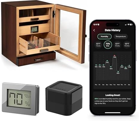 CASE ELEGANCE Luca Cabinet Humidor with Thick Cedar Includes Klaro Valet - Smart Humidity & Temperature Hygrometer Sensor, App Notifications with Guided Seasoning, WiFi Bridge